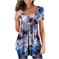 thumbnail image 1 of SMihono Hauts pour Femmes Été Décontracté Chic T-shirt Imprimé Col Rond Boutonné Plissé Manches Courtes Oversize pour Femmes, 1 of 4