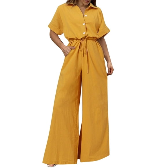 Combinaison pour Femmes Mode Taille Haute Unie avec Ceinture en Coton et Lin à Manches Courtes avec Poches et Boutons, Combinaison Longue, Robe Maxi
