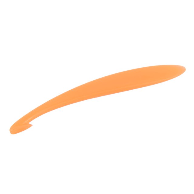 Plastic Peeler Tool Fruit Orange Watermelon Slicer, 15cm length, shown in orange color. A lightweight kitchen gadget designed for safe and efficient peeling of watermelon and other fruits. Compact dimensions of 15 x 1.8 x 0.6cm make it ideal for food preparation tasks.
