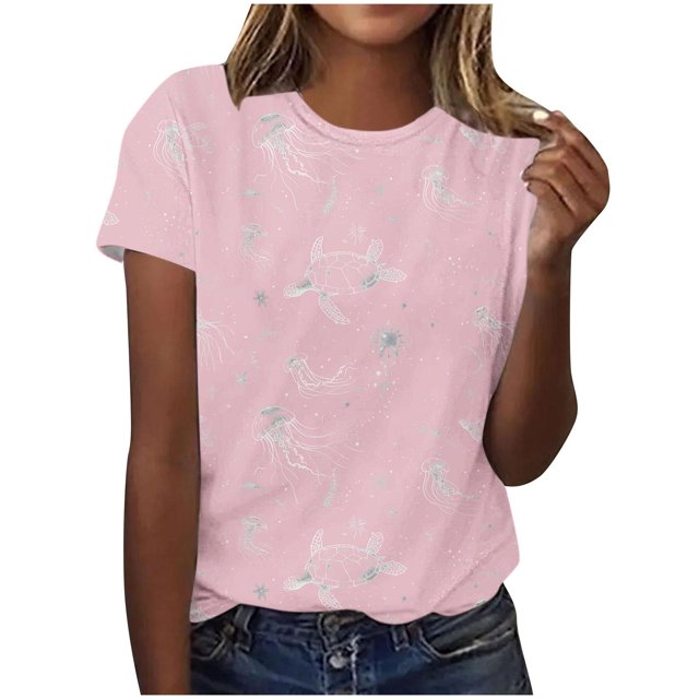 Pisexur Hauts de Printemps pour Femmes Chandail Décontracté à la Mode pour Femmes Imprimé à Manches Courtes Col Rond, Chemisiers pour Femmes Chic Décontracté Hauts pour Femmes Rose, TG