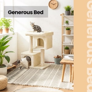 LEDREM Arbre de chat de 33.1 pouces pour les grands chats - XL Perche & 2 Grottes avec des poteaux de Scratching - Condo Cat multi-niveaux avec Kit Anti-Tip, Beige