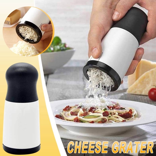 Dvkptbk Cheese Grater Home Kitchen Cheese Grater, a rotary handheld kitchen gadget with a black and white ABS and stainless steel body. Designed for grating hard Parmesan, soft Cheddar, ginger, or butter, it features interchangeable blades for fine or coarse shredding. Shown in use, grating cheese onto pasta, ideal for home kitchens and zesters.