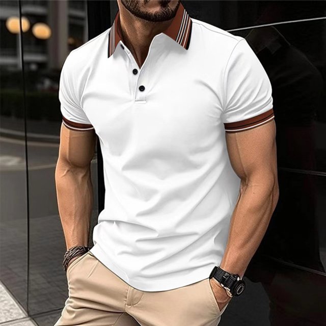 Haut pour Hommes à Col Rabattu à Boutons, Manches Courtes, Rayé, Haut de Sport, Chemise