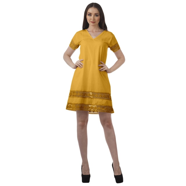Moomaya Tunique à Manches Courtes Robes de Cocktail pour Femmes Robe en Coton Uni Extensible