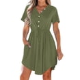 thumbnail image 2 of LOVZFMLL Robe d'Été Décontractée pour Femme à Manches Courtes, Col en V, Boutonnée, Robe de Plage pour Vacances et Voyages avec Poches, Vert Armée, TTG, 2 of 9