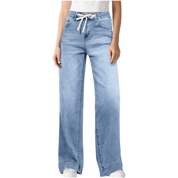 HUJlwoi Women's Wide Leg Jeans Drawstring High Waisted Loose Stretchy Trousers with Pockets Casual Trendy Denim Pants