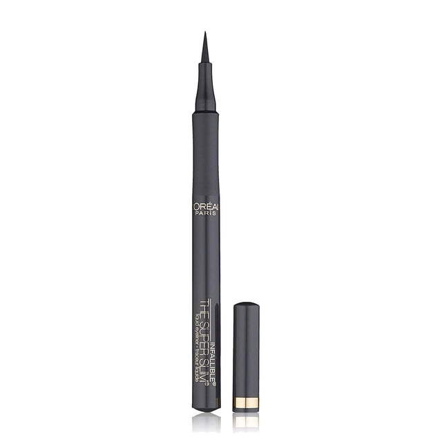 L'Oreal Paris Liquid Eyeliner Infallible Super Slim in grey with ultra-fine 0.4mm felt tip for precise, smudge-proof, waterproof lines, uncapped showing slim black pen with gold-trimmed cap on white background, suitable for detailed winged eyeliner application.