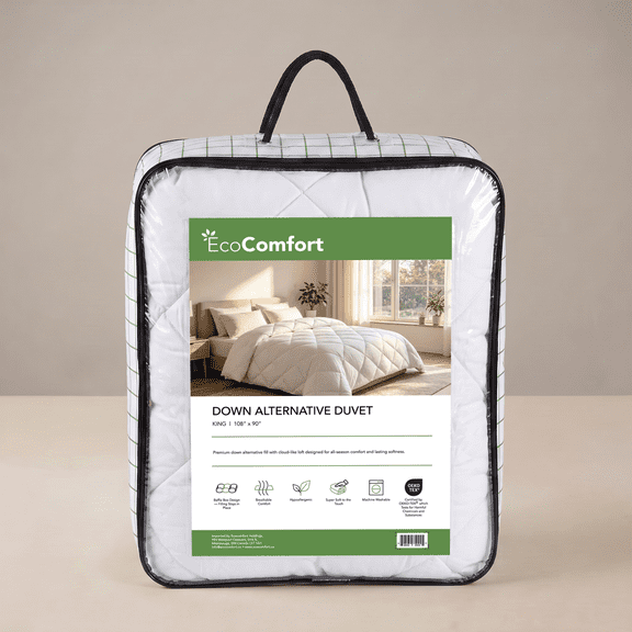 EcoComfort Down Alternative Comforter Duvet Insert Queen Size (90" x 90"), All Season Quilted Box-Stitch White Duvet, 250 GSM Hypoallergenic Fill, Machine Washable, OEKO-TEX Certified