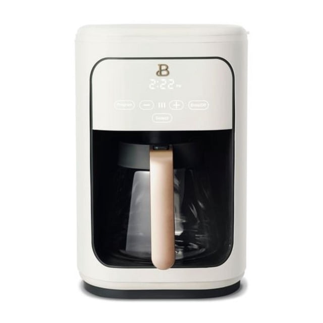 Beautiful 14 Cup Programmable Touchscreen Coffee Maker by Drew Barrymore in white matte finish with gold accents, featuring a clear borosilicate glass carafe with no-drip spout, a soft-glow touchscreen display with programmable brew settings, ideal for drip coffee brewing in small appliances.
