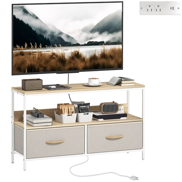 HOMCOM TV Stand with Charging Station, TV Table with Storage, Oak