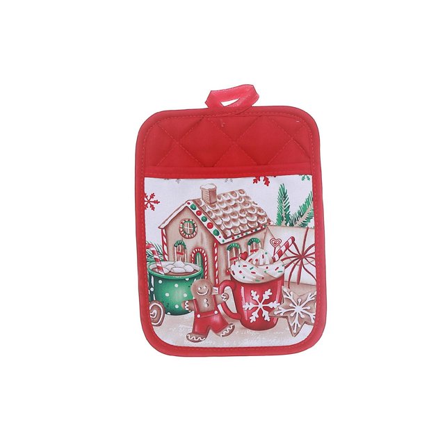 Pot Holder With Pocket House - Set of 6, a red polyester kitchen pot holder with a pocket, featuring gingerbread house artwork, gingerbread man, festive mugs with whipped cream and candy canes, and holiday cookies, measuring 6.75 by 9 inches, machine washable and ideal for Christmas kitchen use.