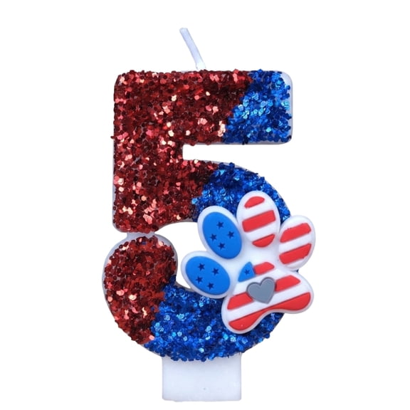Décoration de Gâteau du 4 Juillet, Bougie d'Anniversaire Numéro 5 à Paillettes Rouges et Bleues avec Empreinte de Patte Patriotique, Décoration de Gâteau pour Fête d'Anniversaire à Thème 4 Juillet / Usa, Paw D Number 5