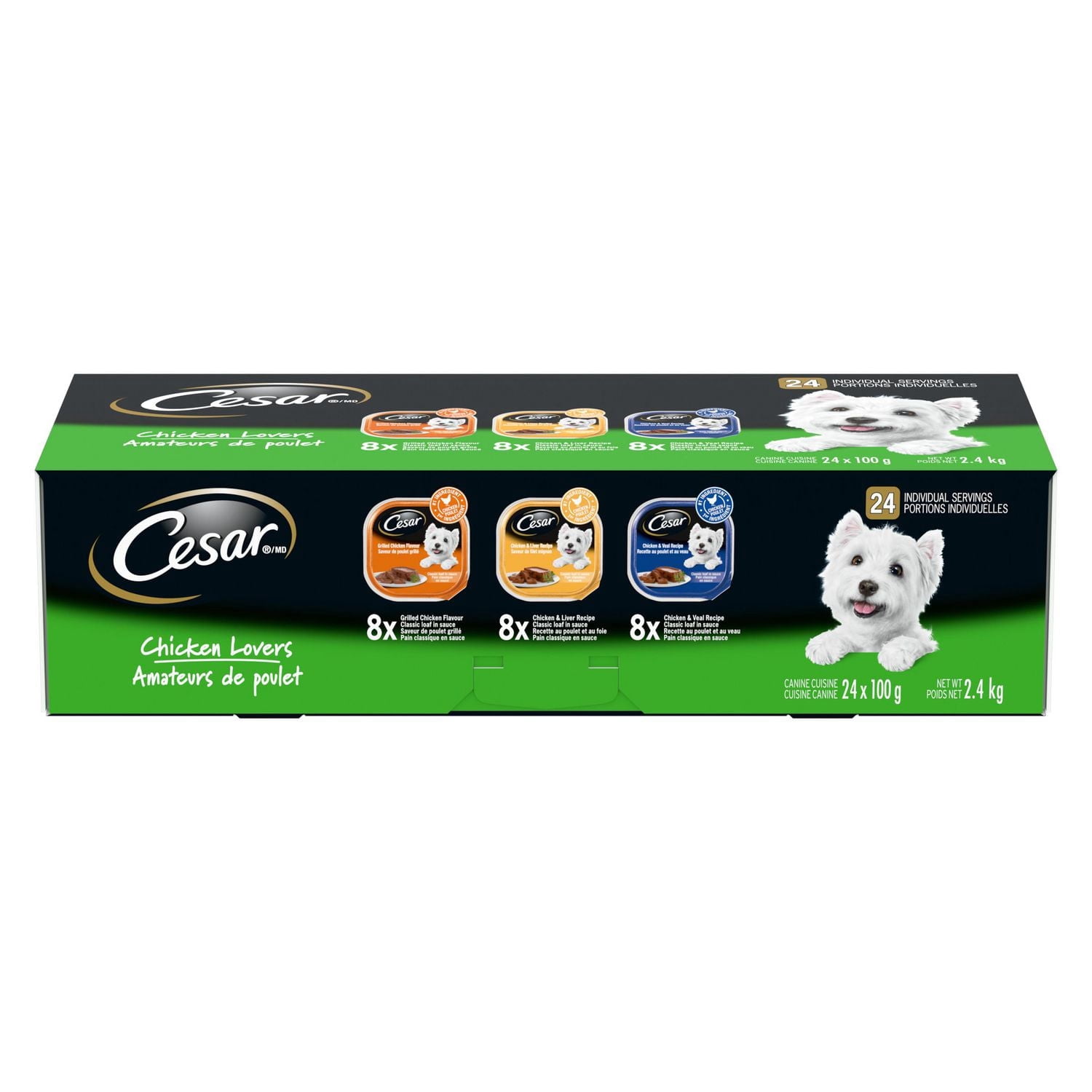 CESAR Classic Loaf in Sauce Wet Dog Food Chicken Lovers Variety, 8 Grilled Chicken Flavour, 8 Chicken & Liver Recipe, 8 Chicken & Veal Recipe trays 24 Pack