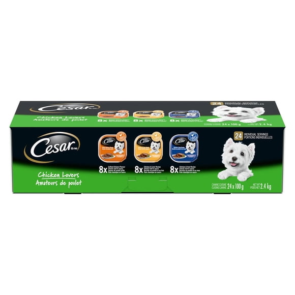 CESAR Classic Loaf in Sauce Wet Dog Food Chicken Lovers Variety, 8 Grilled Chicken Flavour, 8 Chicken & Liver Recipe, 8 Chicken & Veal Recipe trays 24 Pack
