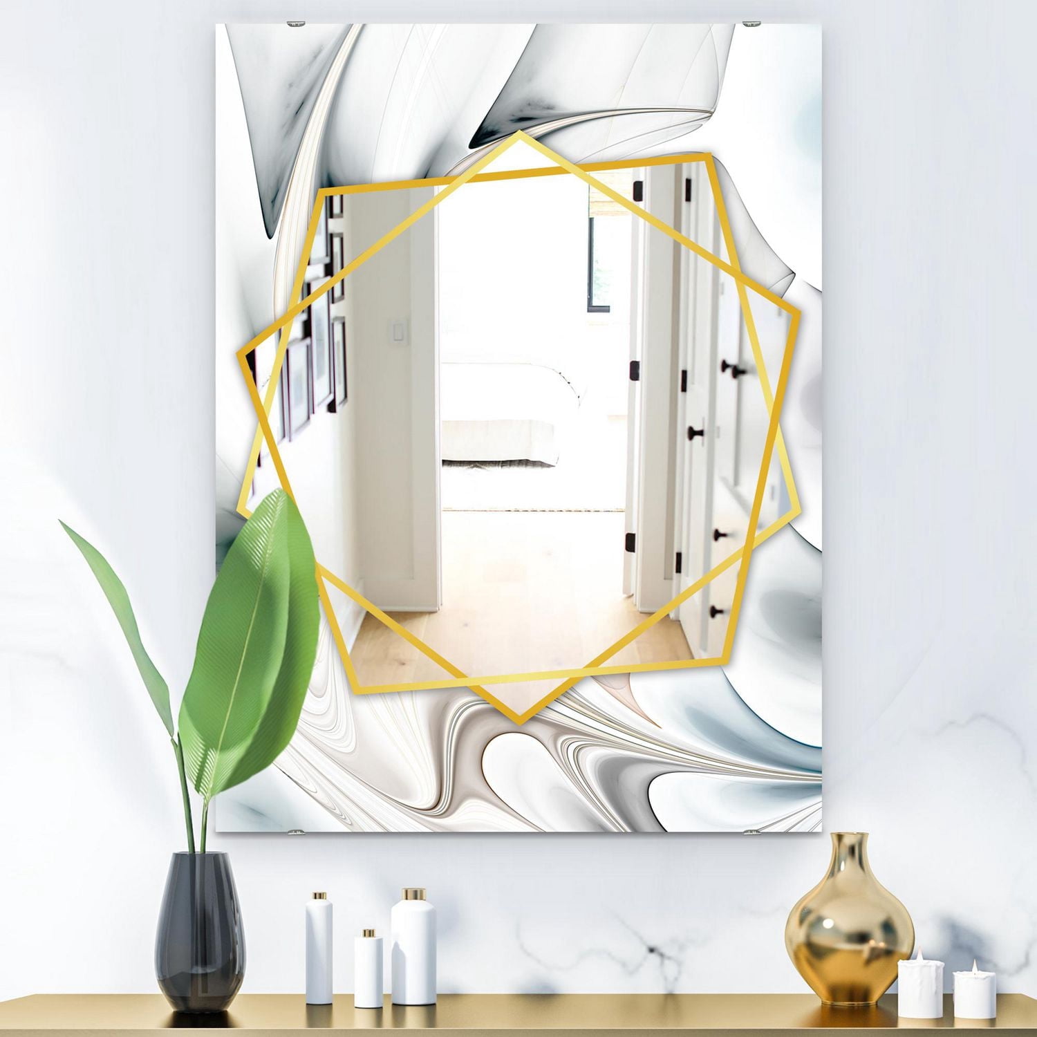 Designart 'White Stained Glass Floral Art' Miroir Moderne - Miroir Mural Contemporain - 24x36