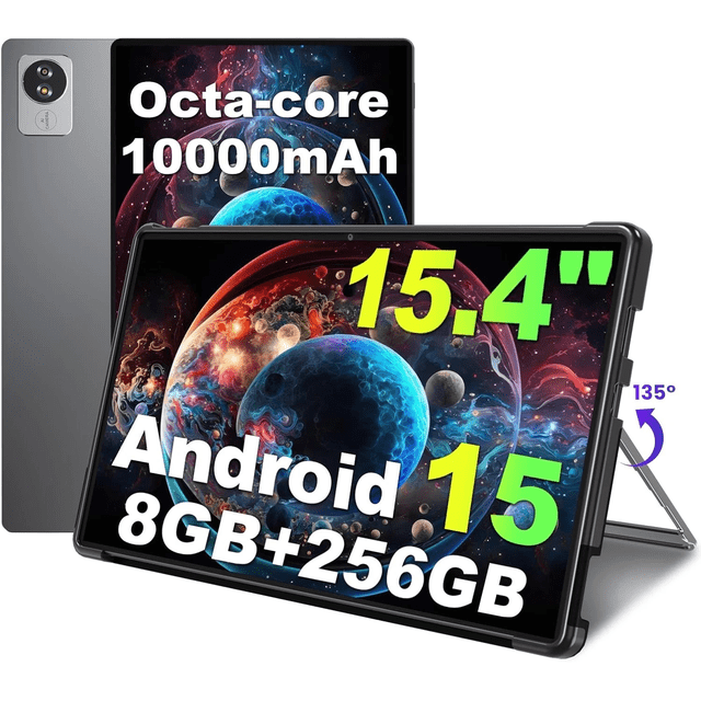 Golzer Tablette 15,4 Pouces, Tablette Android 15 avec Processeur Octa-Core Helio G99 (Surpasse Unisoc T618), 8 Go de RAM 256 Go de ROM, Grandes Tablettes avec Support et Étui, 10000 mAh, BT5.2, 4 Haut-Parleurs, Wi-Fi 2,4 G/5 G