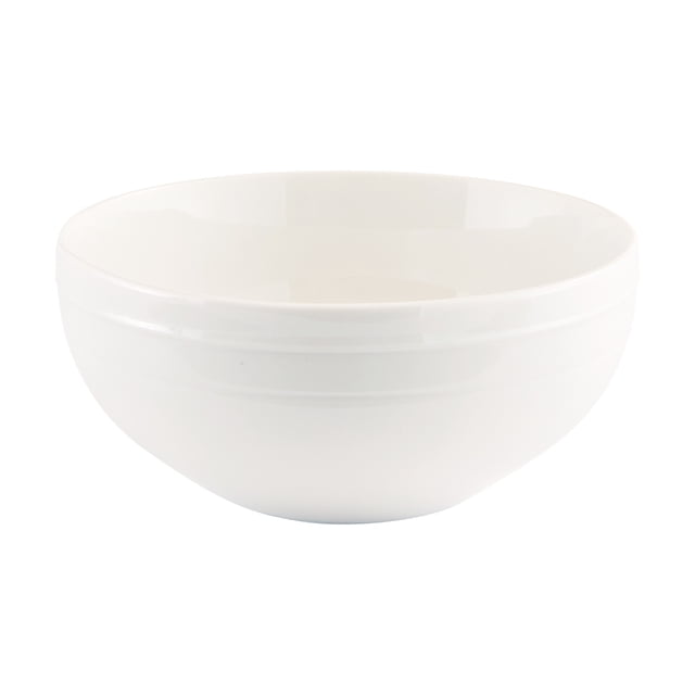 HomeTrends Circa Cereal Bowl in white New Bone China with a smooth finish and subtle horizontal ridges near the rim, shown front-facing on a white background, lightweight, microwave and dishwasher safe, ideal for cereal, soups, salads, and snacks, also suitable as a small serving bowl.