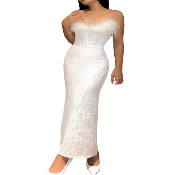 Women Off Shoulder Tube Dress Sleeveless Feather Split Hem Maxi Dress For Cocktail Evening Party