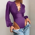 thumbnail image 1 of Justaucorps à Col en V Profond pour Femmes, Manches Longues Bouffantes, Hauts Triangle, Manches Lanterne, Dentelle Extensible, Combinaison à Décolleté Plongeant, 1 of 2
