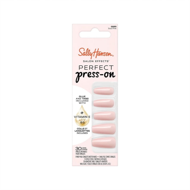 Salon Effects Perfect Press-On Nails by Sally Hansen in Soul Pink, containing 30 long press-on nails with included glue and tabs enriched with vitamins E and B5 for a non-damaging manicure, displayed in pale pink and white packaging with five nails visible.