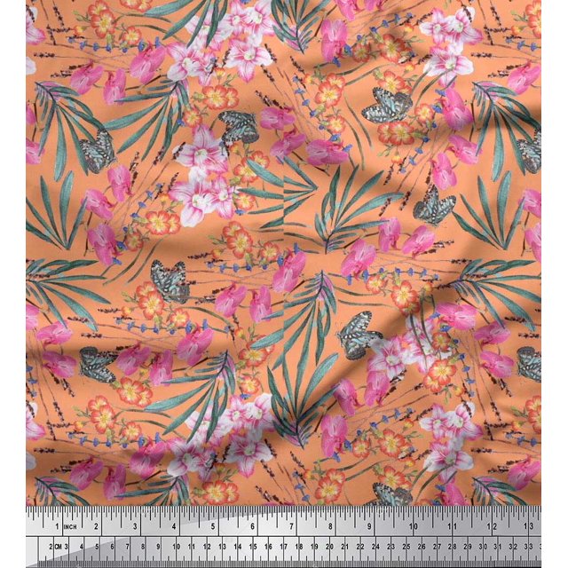 Soimoi Satin Silk Fabric & Orchids Floral Decor Fabric Printed Yard 42 Inch Wide