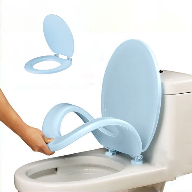 Aqestyerly Round Soft Close Toilet Seat with Quick Release, crafted from durable light blue plastic. Designed for standard round toilet bowls, it features a soft-close lid to prevent slamming, a quick-release mechanism for hassle-free cleaning, and easy installation. Ideal for bathroom accessories and toilet upgrades, the image shows the seat on a toilet with a hand demonstrating the quick-detach function.