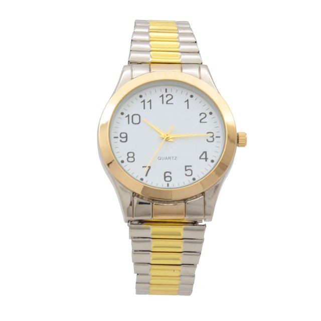George Montre pour Homme à Deux Tons avec Cadran Blanc de 35 mm, Chiffres Entièrement Noirs et Aiguilles Ton Or. Elle Présente une Lunette Dorée et un Bracelet à Expansion Bicolore en Acier Inoxydable avec Maillons Satinés et Argent Poli et Or pour un Ajustement Confortable. Mouvement à Quartz de Précision avec Largeur du Bracelet de 19 mm, Idéal pour le Port Quotidien et le style Décontracté.