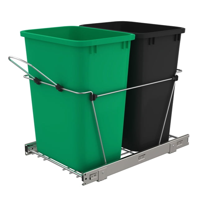 Rev-A-Shelf RV-18KD-1918C-S Poubelles Doubles de 35 Qt Coulissantes Vertes et Noires, avec Deux Contenants à Déchets de 35 Pintes Montés sur un Cadre en Fil Métallique Chromé avec Coulisses à Roulements à Billes à Extension Complète. Conçu pour les Armoires de base avec une Ouverture de 14,5 Pouces Ou Plus, Ce Système Coulissant Comprend une installation simple à 4 Vis au Sol. le Cadre Mesure 14,21 Pouces de Large, 22 Pouces de Profondeur et 19,25 Pouces de Hauteur,