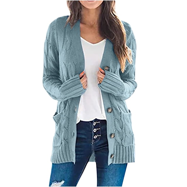 TIMIFIS Womens Open Front Knit Cardigan Long Sleeve Oversized Sweater Chunky Cable Boho Pockets Coat-Light blueFall/Winter