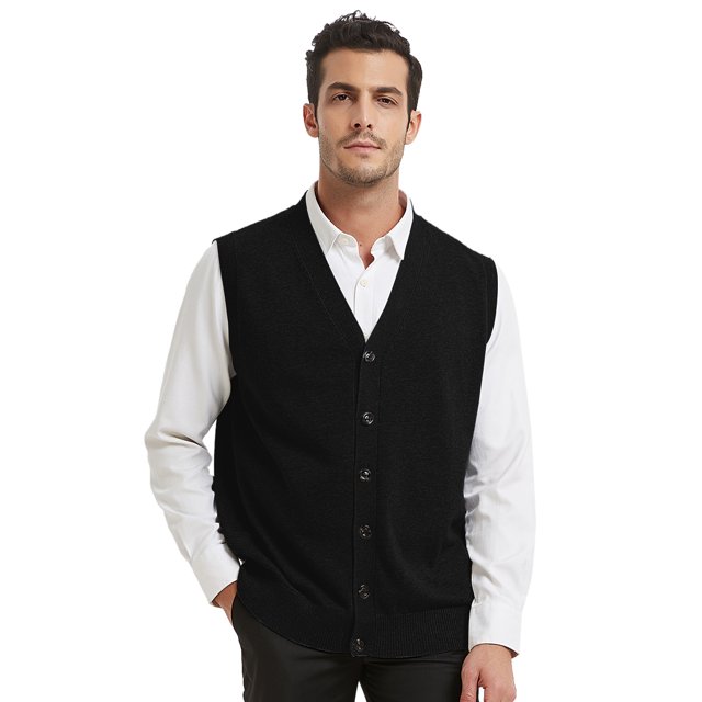 TOPTIE Men Sweater Vest Solid Knitted Lightweight Thermal Cardigan-Black-L