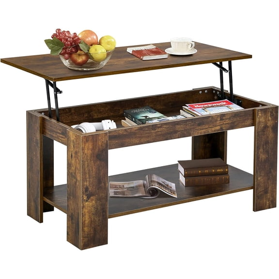 FDW Table Basse à Plateau Relevable, Compartiment de Rangement Caché et Tablette Inférieure, Plateau Relevable pour Salon, Brun