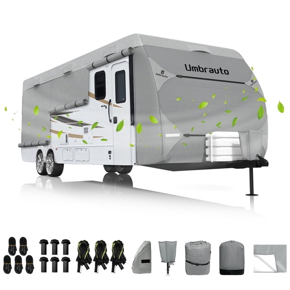 RV Cover for 27-30FT Travel Trailer, 7-Layers Top Camper Cover with Tongue Jack Cover/Windproof Straps/Gutter Covers and Other Accessories Kit