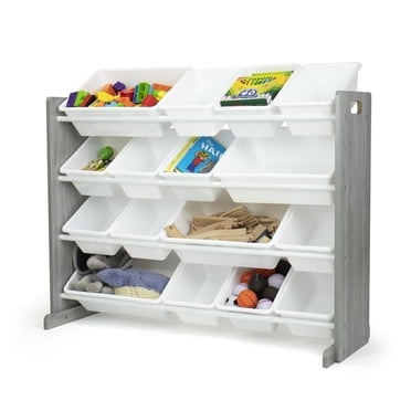Humble Crew Slate Super Sized Toy Storage Organizer with 16 Storage Bins, Grey Wood Grain/White