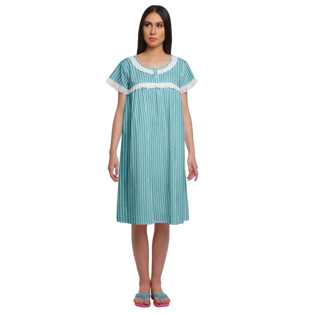 Moomaya Short Sleeve Nightdress For Ladies Printed Button Placket Nightwear