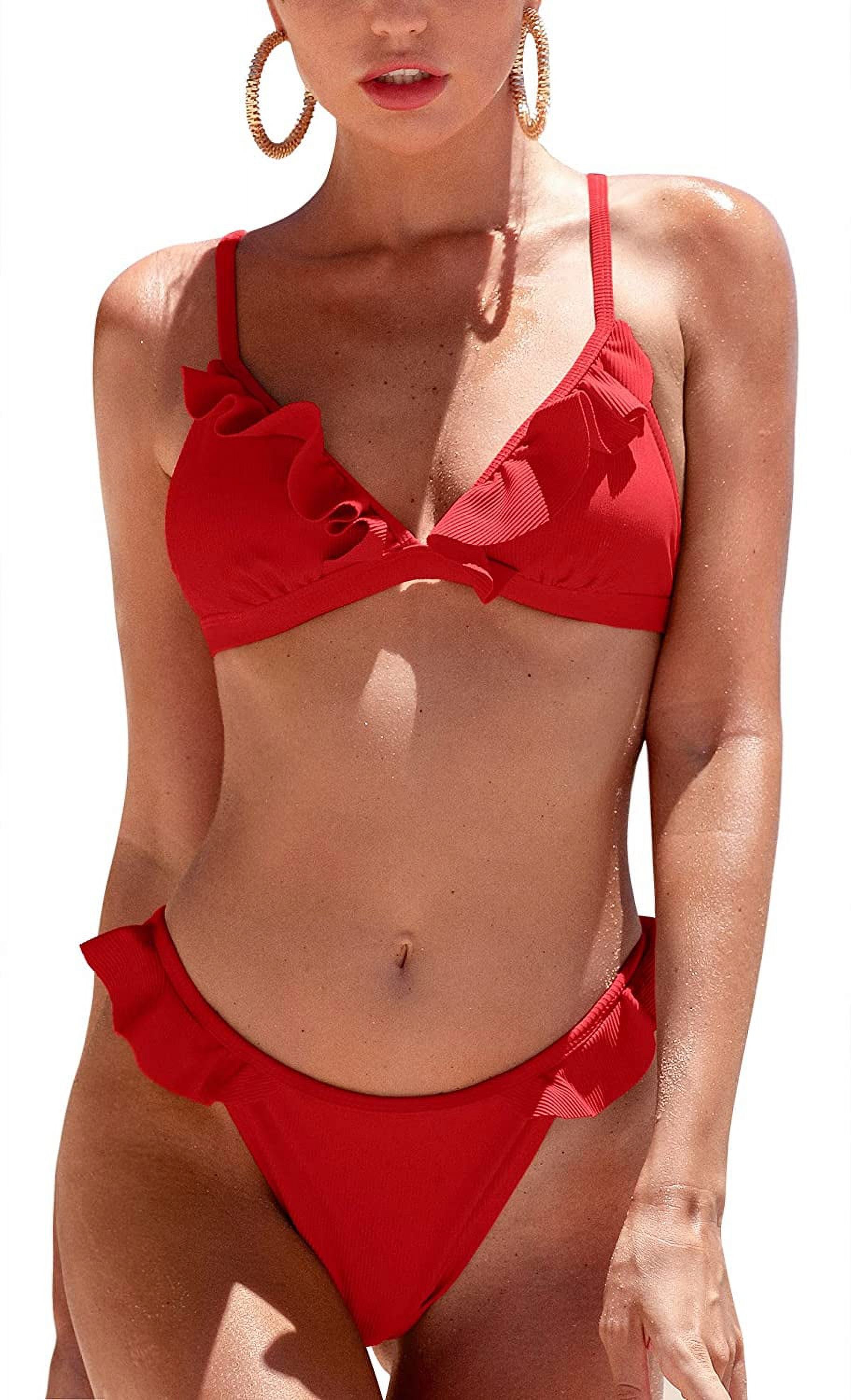 Charmo Bikinis à Volants pour Femmes, Côtelé, Triangle, Échancré, Maillot de Bain 2 Pcs