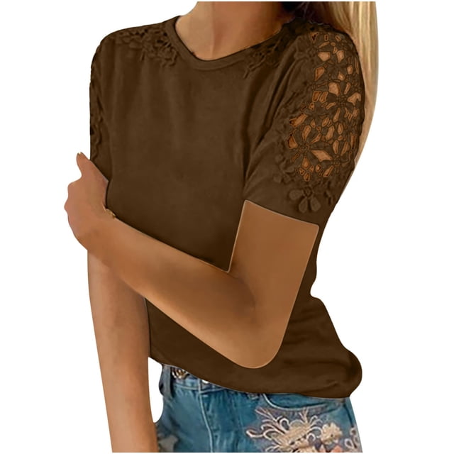 Blouses à Manches Courtes pour Femmes Femmes Dames Unies à Manches Courtes Col Rond Chandail à Enfiler Hauts en Dentelle Blouse Femmes Hauts à Manches Courtes Femmes Blouse à Manches Courtes Hauts à Épaules Dénudées pour Femmes