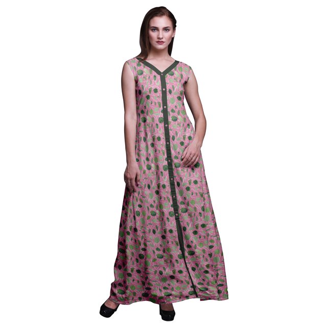 Bimba Robe de Plage Longue Sans Manches à Fente avant Imprimée de Feuilles Été Printemps pour Femmes - Moyen
