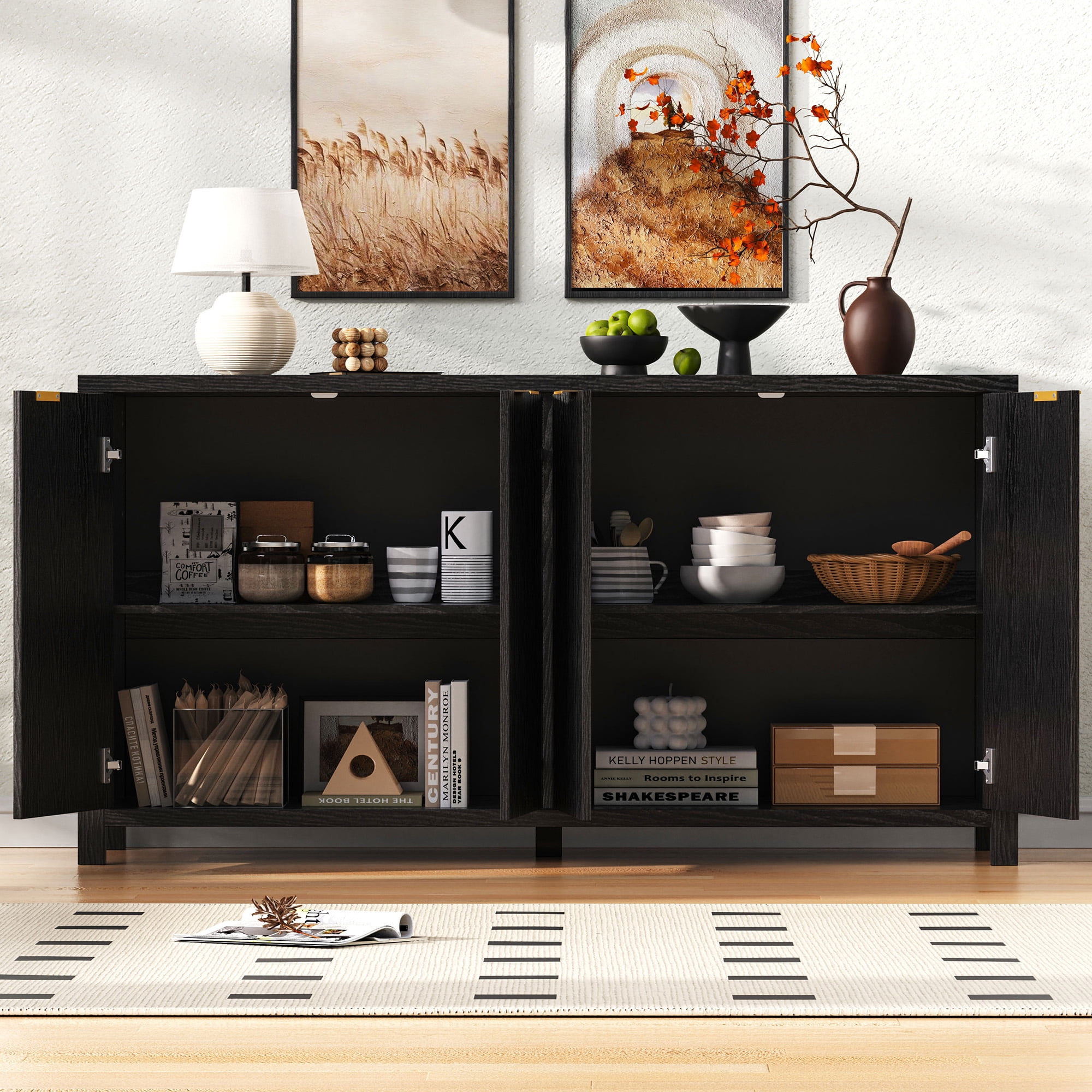 Noble House 55" Fluted Buffet Cabinet,4-Door Farmhouse Accent Storage with Adjustable Shelves for Dining Room,Black