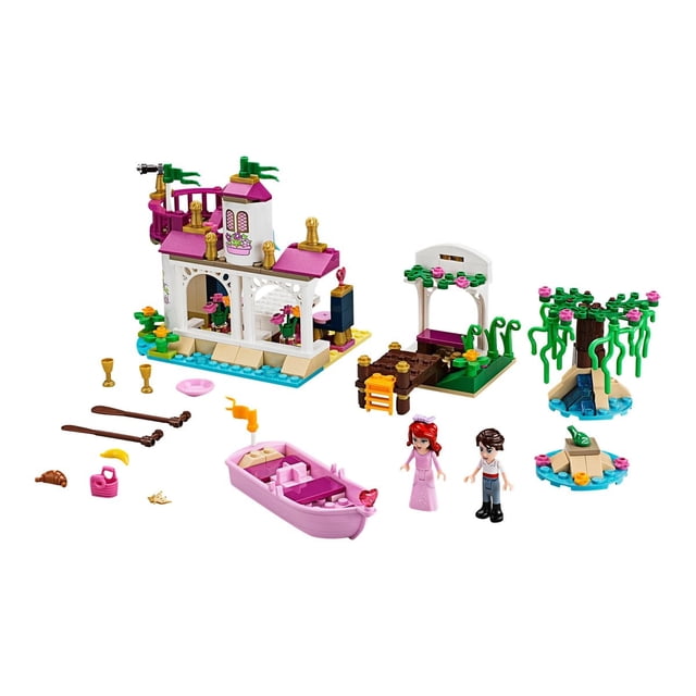 LEGO Disney Princess 41052 - Ariel's Magical Kiss dollhouse playset featuring a castle dining room, lagoon, picnic area, and romantic boat ride setup. Includes Ariel and Prince Eric mini-figures, a pink boat, and various accessories like a telescope, cups, and decorative elements.
