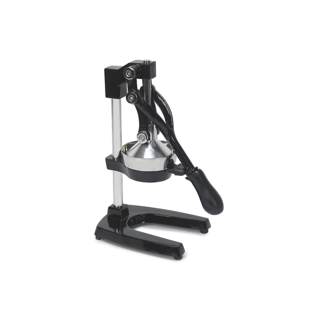 Imusa Countertop Black Citrus Juicer with a heavy-duty cast iron and stainless steel construction. Features a rubber grip handle for easy pressing and a stainless steel strainer to separate seeds and pulp. The sturdy base includes non-slip suction cups for secure operation, accommodating a plate or cup underneath for mess-free juicing. Ideal for extracting juices from oranges, lemons, limes, grapefruits, and more, perfect for fresh drinks, marinades, and dressings.