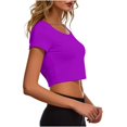 thumbnail image 4 of VSSSJ Hauts Courts pour Femmes Manches Courtes Col Rond Extensible Chandail Décontracté Ajusté Uni Confortable Été Basique T-Shirts Courts Violet Taille Unique, 4 of 5