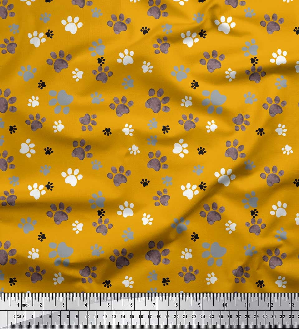 Soimoi Gold Silk Fabric Paw Dog Print Sewing Fabric Yard 42 Inch Wide