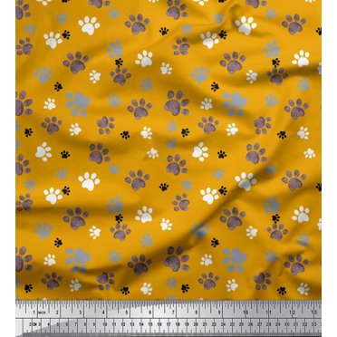 Soimoi Gold Poly Georgette Fabric Paw Dog Fabric Prints By Yard 52 Inch Wide