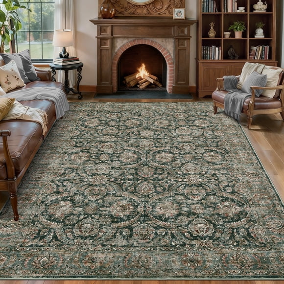 Garvee Tapis Vintage 8'x10 Pieds Lavable, Tapis Antidérapant à Poils Courts Résistant aux Taches Contemporain Intérieur Doux pour Salon Chambre Salle à Manger, Noir