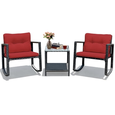 Costway 3PCS Patio Rattan Furniture Set Rocking Chairs Cushioned Sofa Burgundy