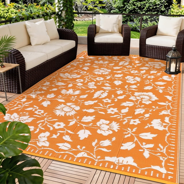 Garvee 9'x12' Outdoor Rug Waterproof Floral Camping Carpet, Reversible Plastic Straw Rug Outdoor Rug for Patio RV Balcony Backyard, Orange