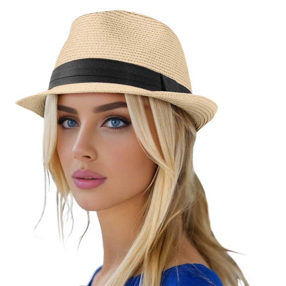 Straw Fedora Hat For Women Men Summer Beach Sun Hat Packable Roll Up Brim Lightweight Breathable Outdoor Travel