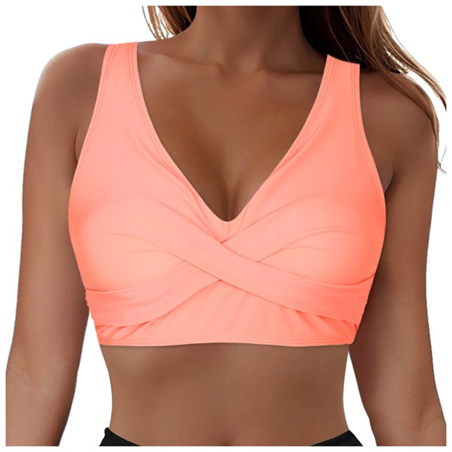 Huesdet Bikini Tops for Women Triangle Bikini Top Ribbed Push up Padded Halter String Bathing Suits Top(Pink,XL)