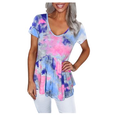 VEKDONE 2025 Liquidation Tunique Décontractée à Manches Courtes pour Femmes Col Rond T-Shirts Teinture sur Nœuds Vintage Été Coupe Ample Blouse