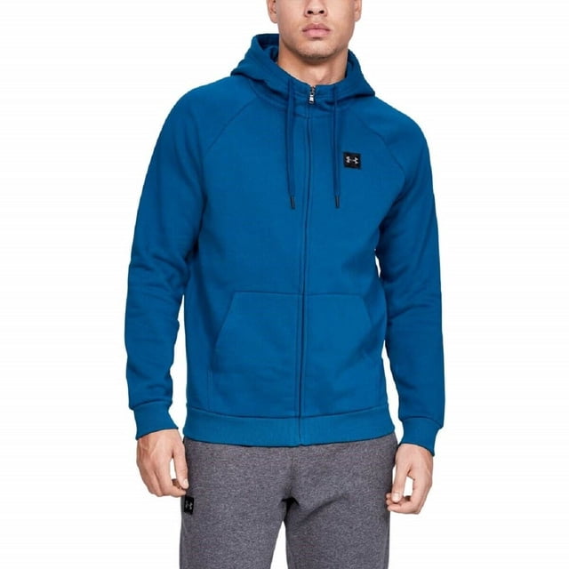 Under Armour Men's Athletic Rival Fleece Full Zip Hoodie, eal Vibe, L front-facing full-zip hoodie with attached crossover hood and drawstring, snorkel-style neckline, full-length zipper, kangaroo pouch pocket and long raglan sleeves, soft fleece finish on neutral background; suitable for layering and athletic warm-up wear.